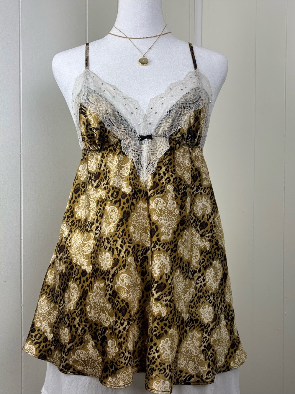 Victoria's Secret Gold and Black Leopard Satin Chemise with Cream Lace